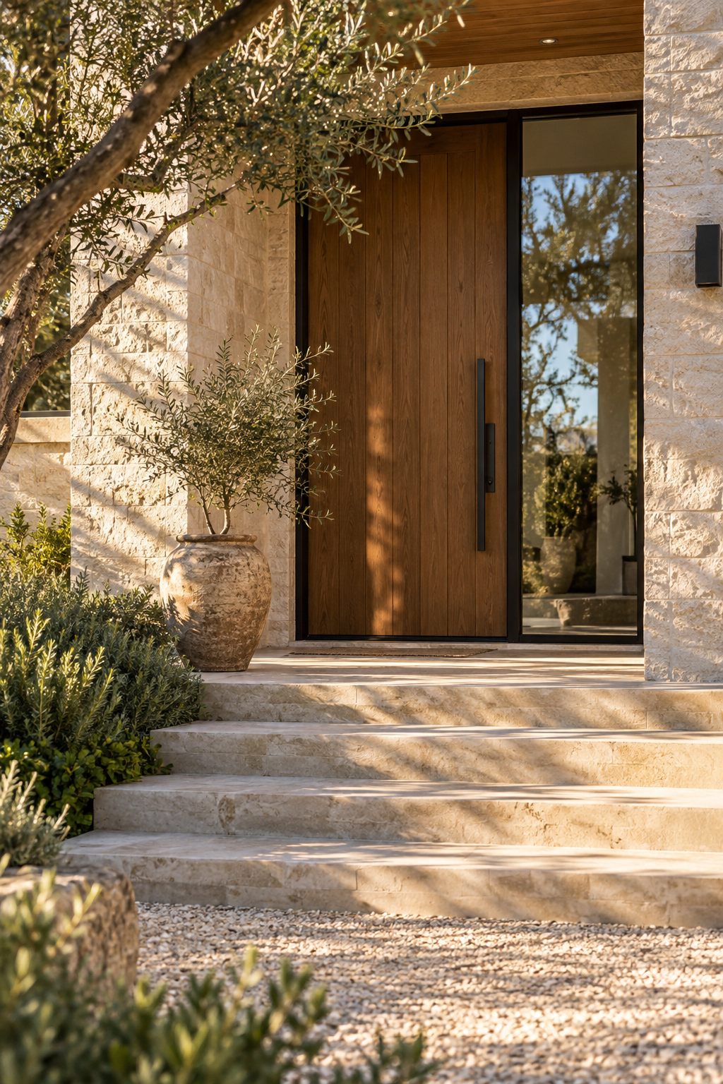 A sunlit stone pathway leading to a welcoming wooden front door
